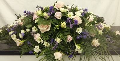 Pink Roses, with white, lilac and purple flower Coffin Spray