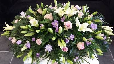 White Lilies, with pink and lilac flower Coffin Spray