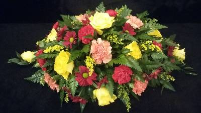 Yellow Roses with red, yellow and orange mixed flowers