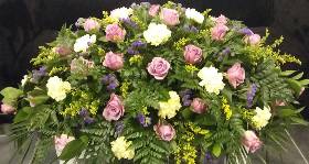Lilac Roses, with yellow, lemon and purple flower Coffin Spray
