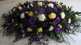 Yellow Roses, with white and purple flower Coffin Spray